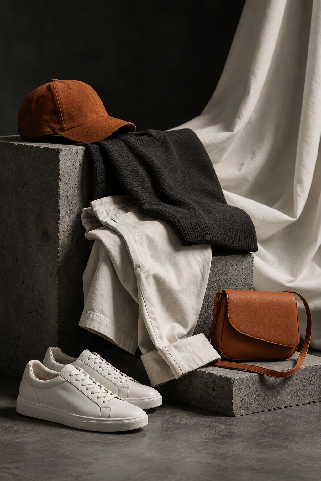 Editorial arrangement of premium contemporary apparel and sneakers